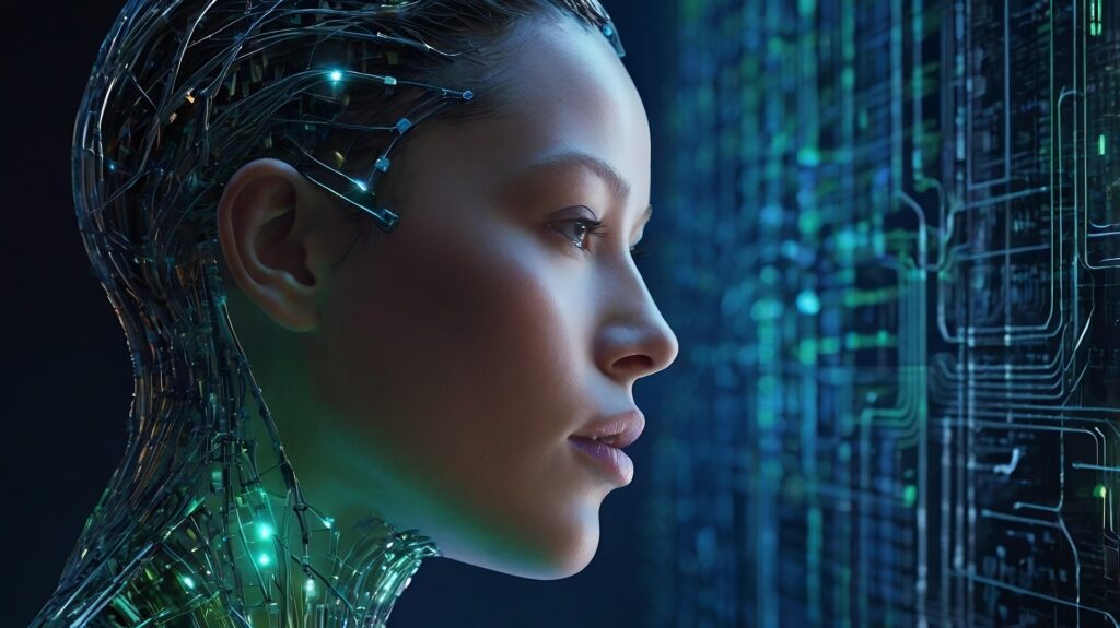 AI generated image of an AI robot woman with computer graphics