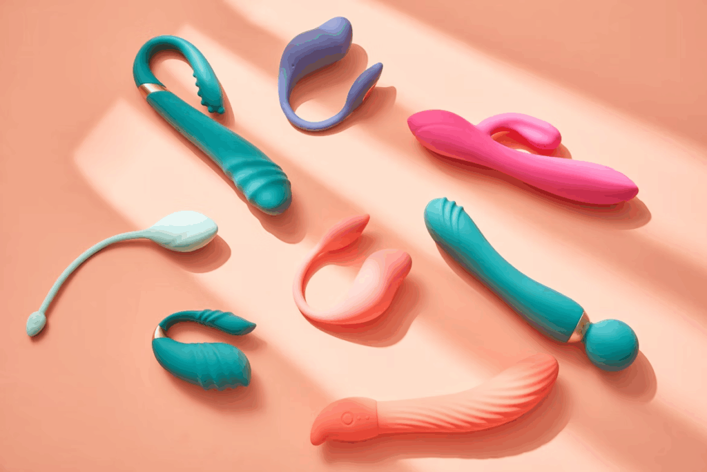 various multicolor vibrators and sex toys on peach background