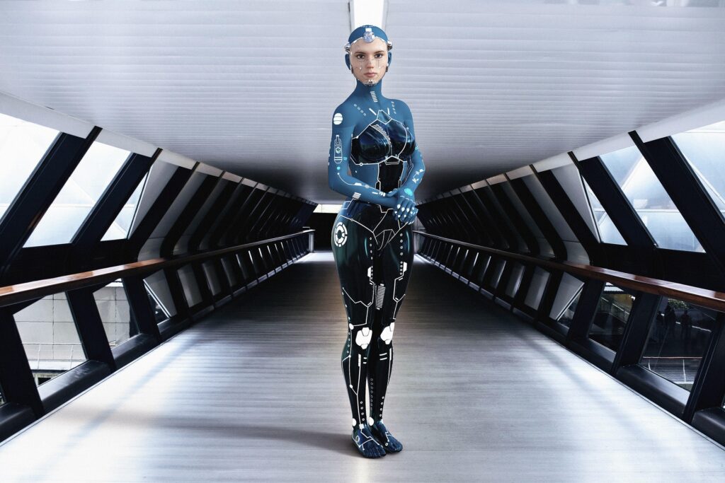 robot woman standing in a corridor