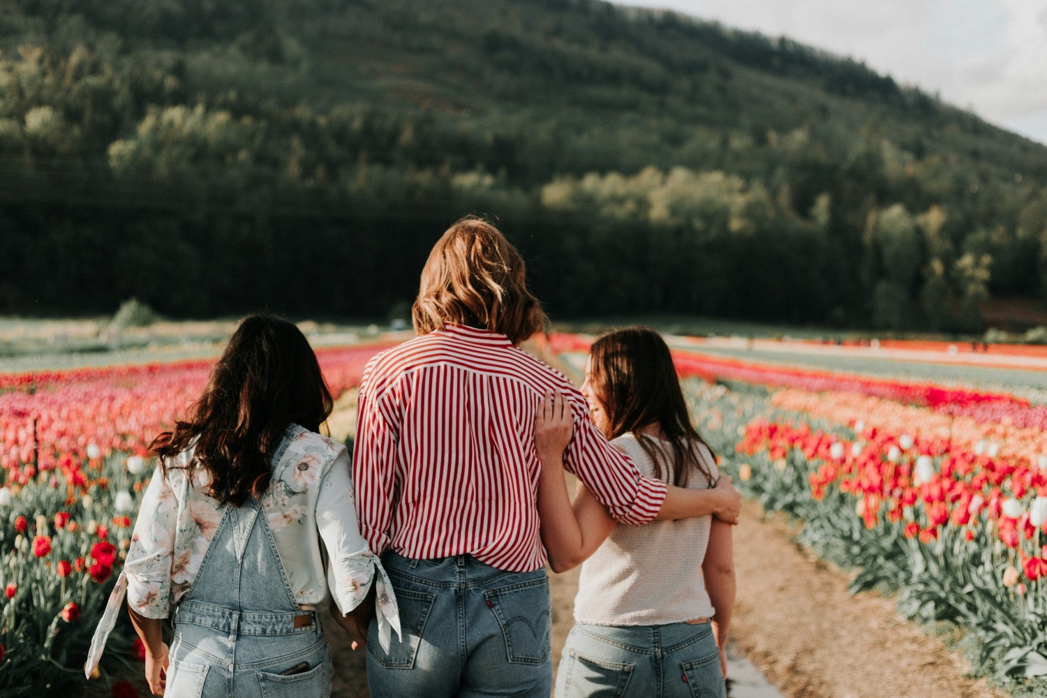 Three women walking in a field of flowers